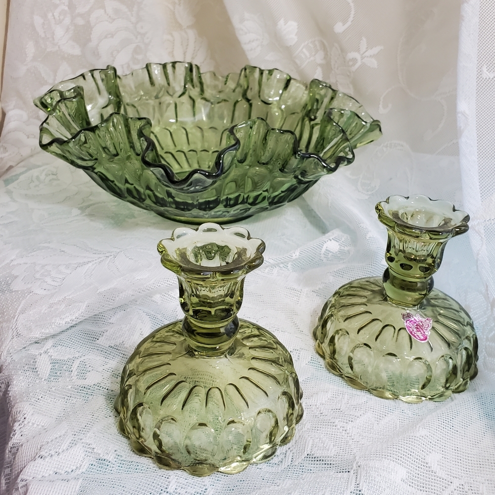 Vintage fenton green glass bowl and matching candle sticks